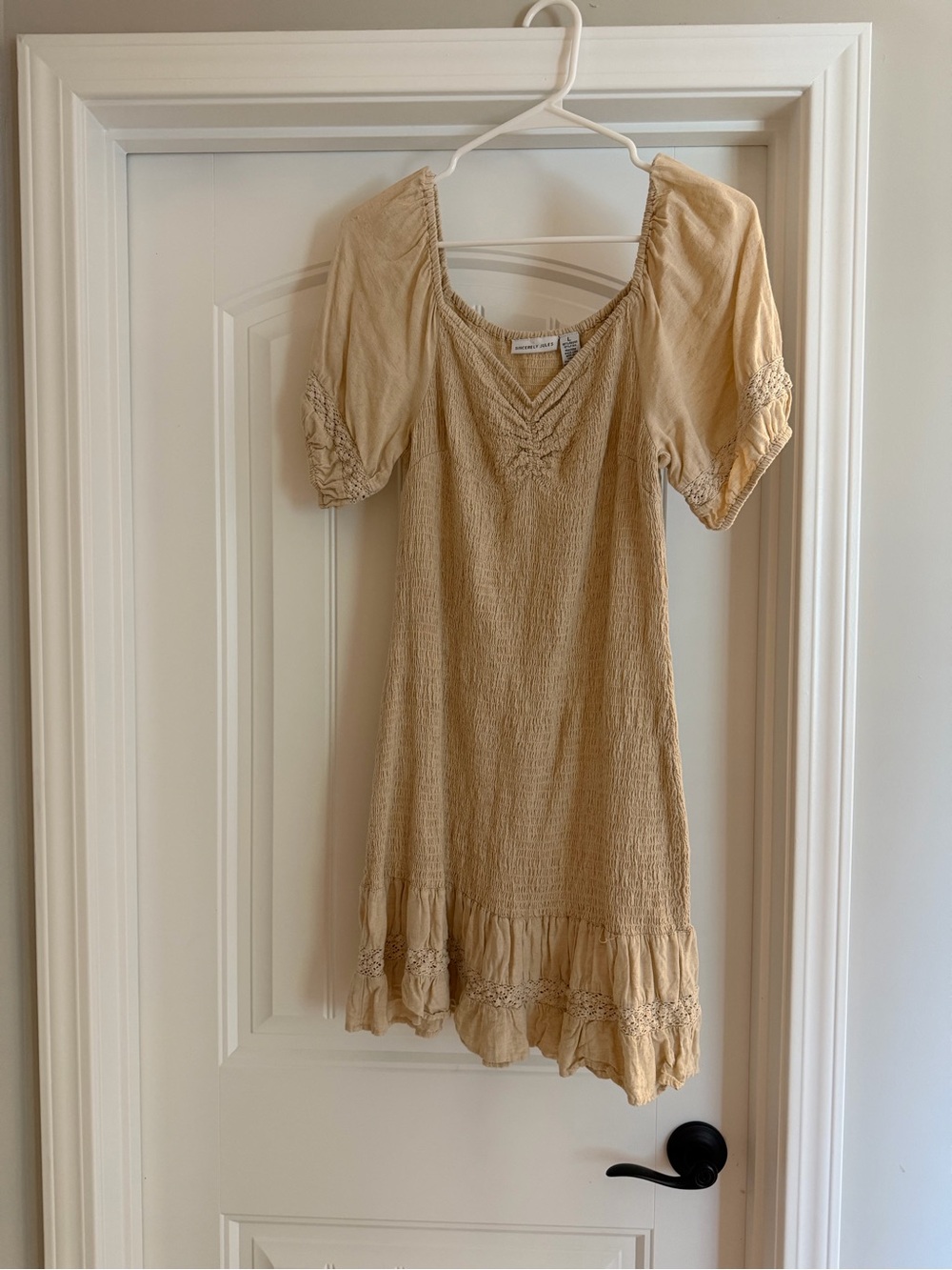 Sincerely Jules Light Beige Smocked V-Neck Mini Dress